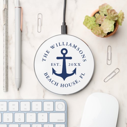 Nautical Anchor White and Navy Blue Monogrammed Wireless Charger