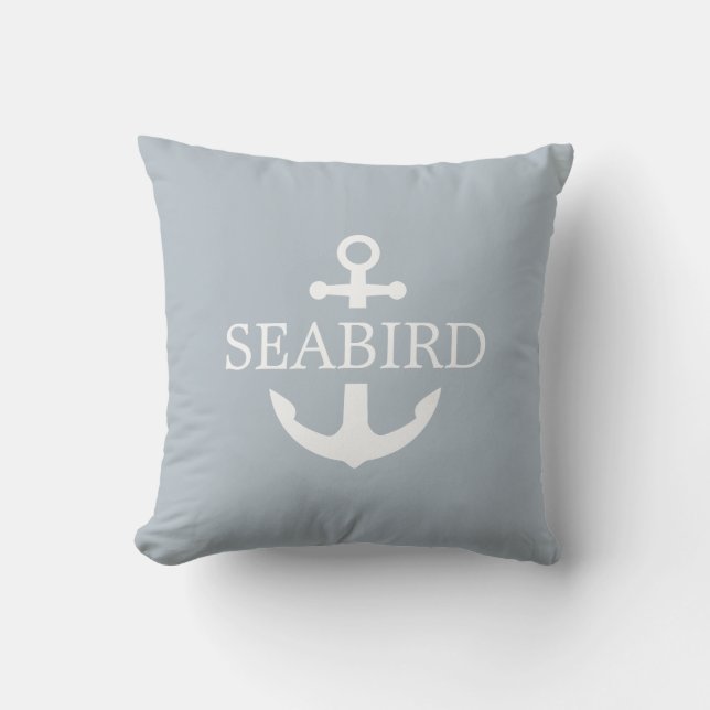 Nautical Anchor White & Dusty Blue. Boat Exterior. Outdoor Pillow (Front)
