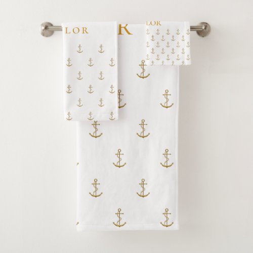 Nautical anchor white gold monogram luxurious bath towel set