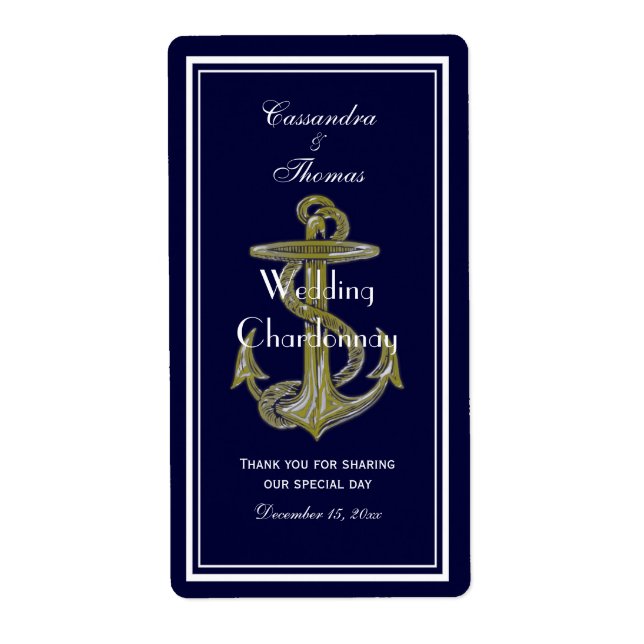 Nautical Anchor White Navy V Wine Bottle Label (Front)