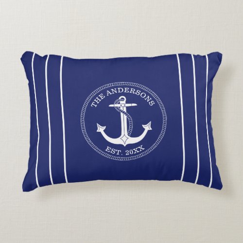 Nautical Anchor White Stripes on Blue Family Name Accent Pillow