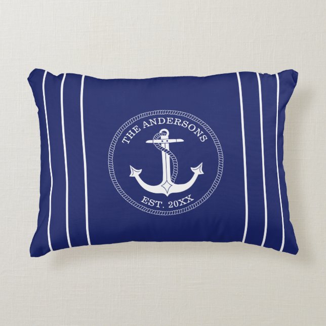 Nautical Anchor White Stripes on Blue Family Name Accent Pillow (Front)