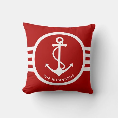 Nautical Anchor with Family Name Red and White Throw Pillow