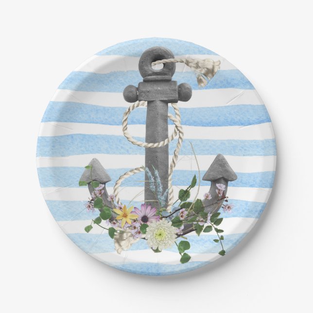 nautical anchor with flower bouquet paper plates (Front)