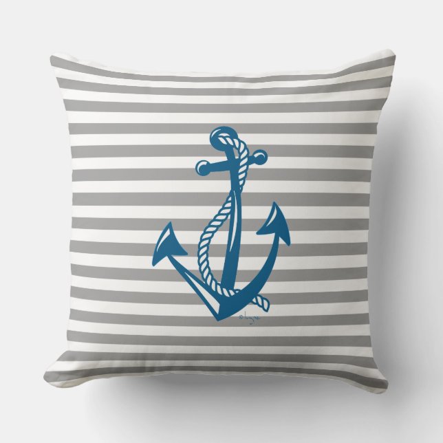 Nautical Anchor with grey stripes Throw Pillow (Front)
