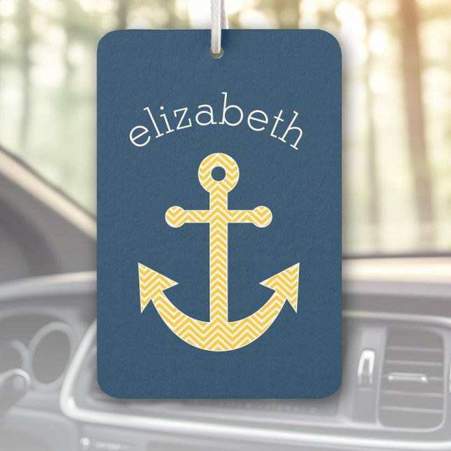 Nautical Anchor with Navy Yellow Chevron Pattern Air Freshener (Custom Air Freshener with name)