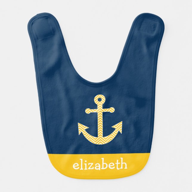 Nautical Anchor with Navy Yellow Chevron Pattern Baby Bib (Front)