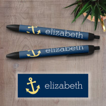 Nautical Anchor with Navy Yellow Chevron Pattern Black Ink Pen