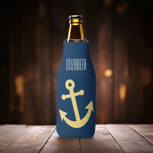 Nautical Anchor with Navy Yellow Chevron Pattern Bottle Cooler