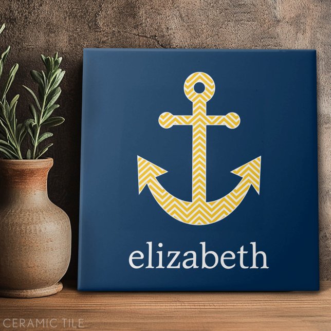 Nautical Anchor with Navy Yellow Chevron Pattern Ceramic Tile (Custom Tile)