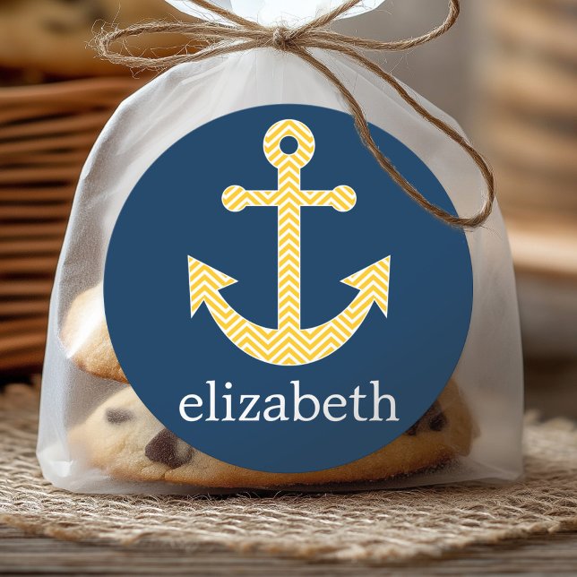 Nautical Anchor with Navy Yellow Chevron Pattern Classic Round Sticker (Personalized Sticker)