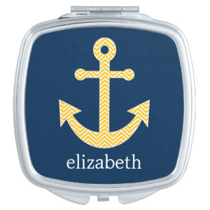 Nautical Anchor with Navy Yellow Chevron Pattern Compact Mirror