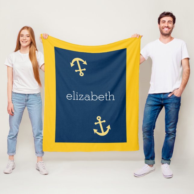 Nautical Anchor with Navy Yellow Chevron Pattern Fleece Blanket (In Situ)