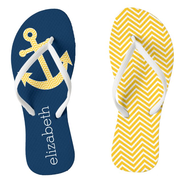 Nautical Anchor with Navy Yellow Chevron Pattern Flip Flops (Footbed)