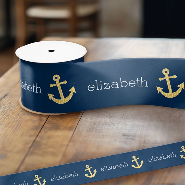 Nautical Anchor with Navy Yellow Chevron Pattern Grosgrain Ribbon (Custom Ribbon)