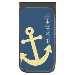 Nautical Anchor with Navy Yellow Chevron Pattern Gunmetal Finish Money Clip