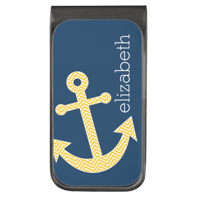 Nautical Anchor with Navy Yellow Chevron Pattern Gunmetal Finish Money Clip (Front Vertical)