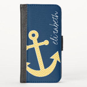 Nautical Anchor with Navy Yellow Chevron Pattern iPhone X Wallet Case