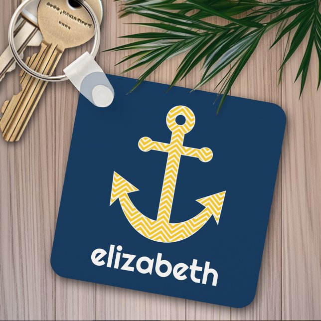 Nautical Anchor with Navy Yellow Chevron Pattern Keychain (Personalized keychain - cute nautical anchor)