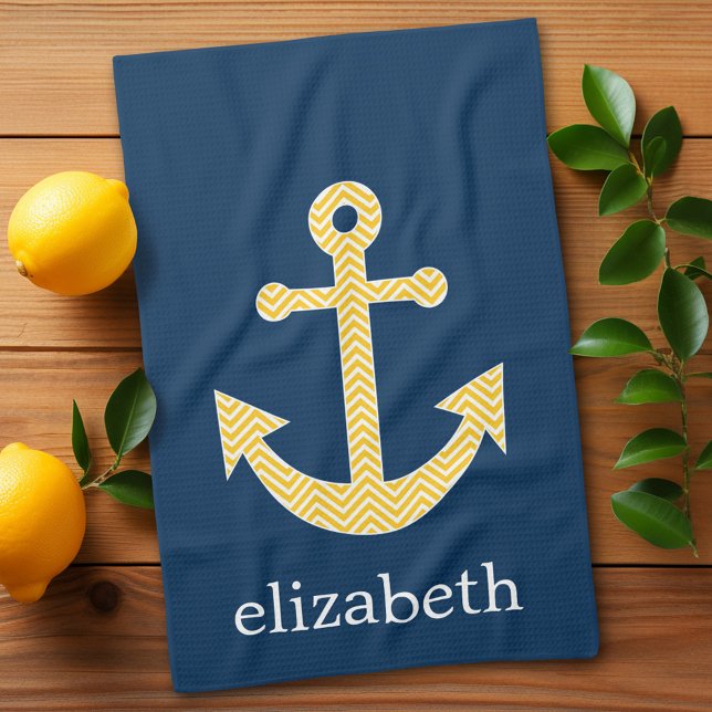 Nautical Anchor with Navy Yellow Chevron Pattern Kitchen Towel (Trendy anchor kitchen towel in nautical blue and yellow - add a  name)