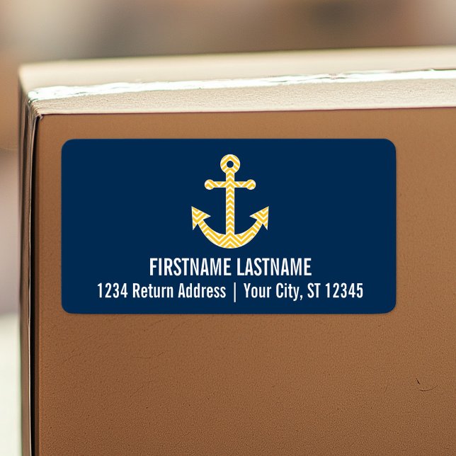 Nautical Anchor with Navy Yellow Chevron Pattern Label (Personalized return address label)