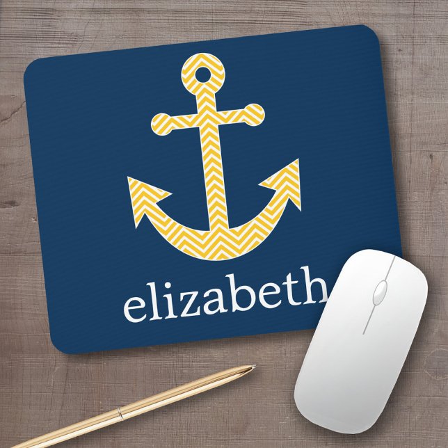 Nautical Anchor with Navy Yellow Chevron Pattern Mouse Pad (Personalized mousepad - add your custom text)