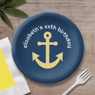 Nautical Anchor with Navy Yellow Chevron Pattern Paper Plates