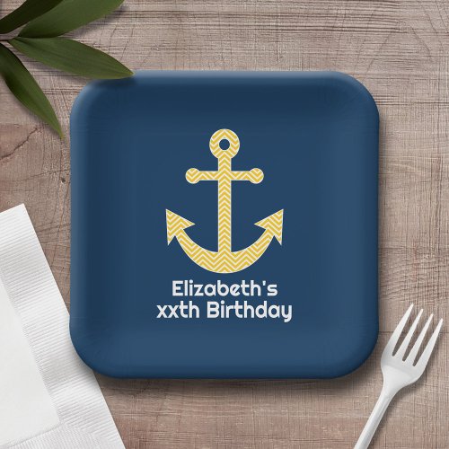 Nautical Anchor with Navy Yellow Chevron Pattern Paper Plates