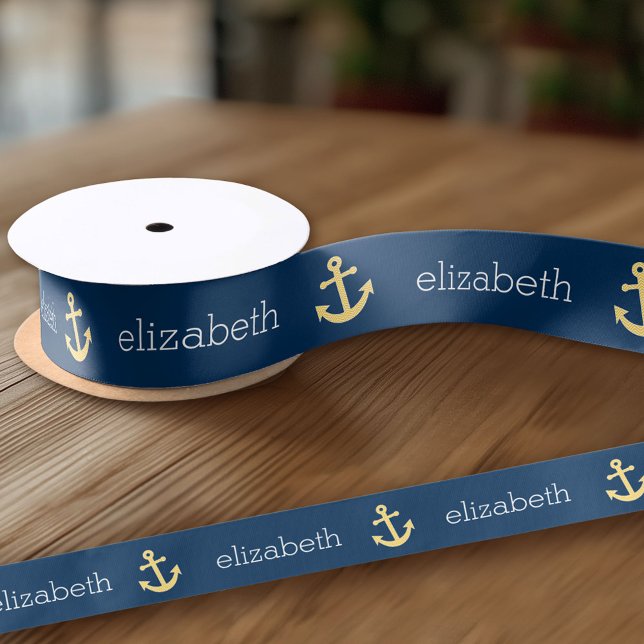 Nautical Anchor with Navy Yellow Chevron Pattern Satin Ribbon (Custom Ribbon on a Roll - Personalize this ribbon with you text)