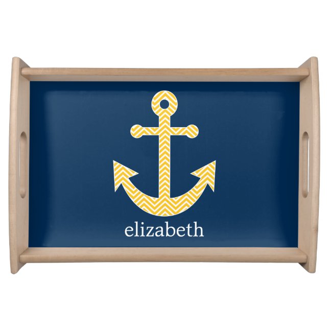 Nautical Anchor with Navy Yellow Chevron Pattern Serving Tray (Front)