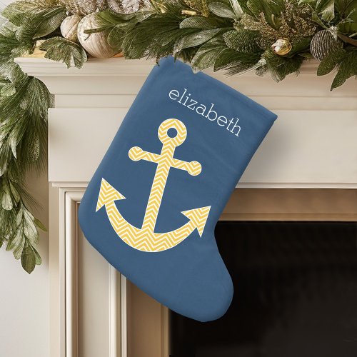 Nautical Anchor with Navy Yellow Chevron Pattern Small Christmas Stocking