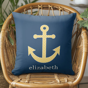 Nautical Anchor with Navy Yellow Chevron Pattern Throw Pillow