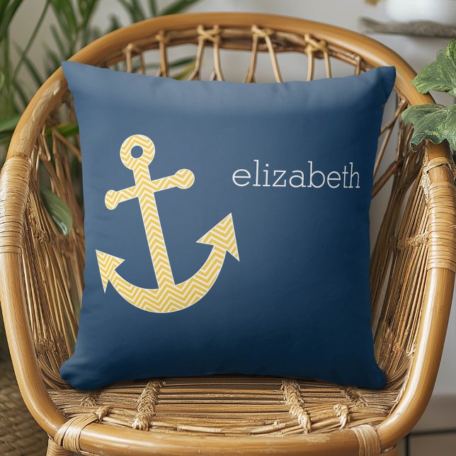 Nautical Anchor with Navy Yellow Chevron Pattern Throw Pillow (Custom Pillow)