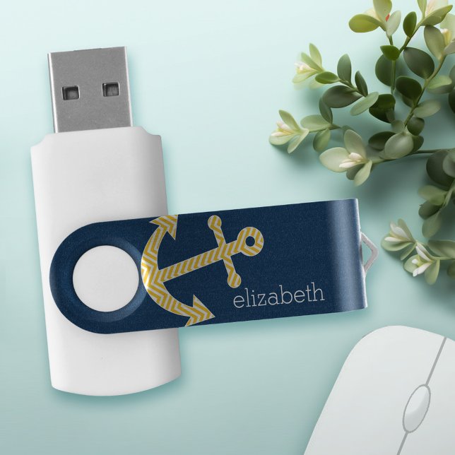 Nautical Anchor with Navy Yellow Chevron Pattern USB Flash Drive (Personalized USB stick)