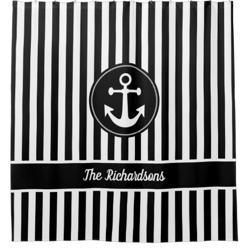 Nautical Anchor with Rope Black and White Stripes Shower Curtain