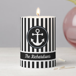 Nautical Anchor with Rope Black White Stripes Pillar Candle