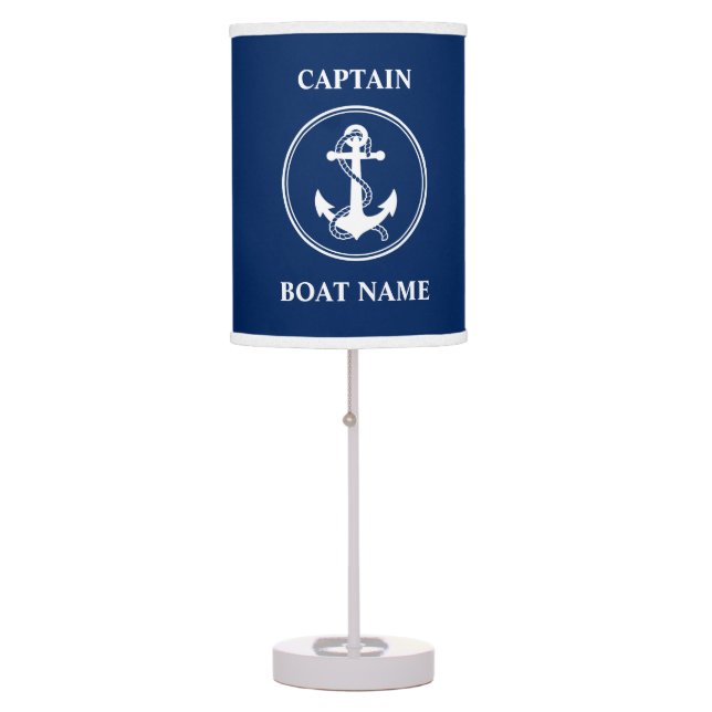 Nautical Anchor with Rope & Boat Name Navy Blue Table Lamp (Front)