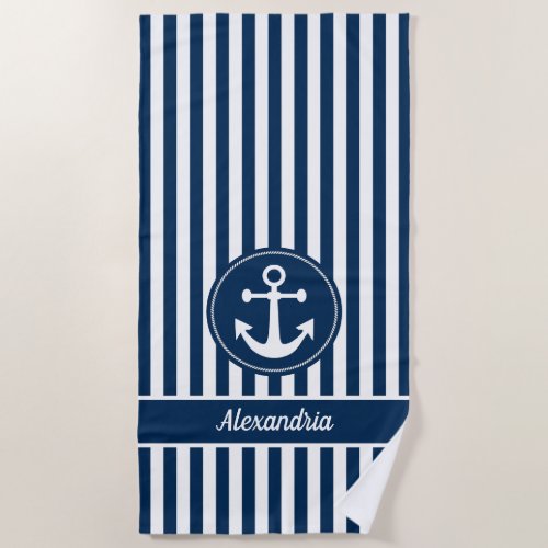 Nautical Anchor with Rope Navy Blue Stripes Beach Towel