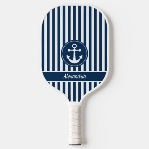 Nautical Anchor with Rope Navy Blue Stripes Custom Pickleball Paddle