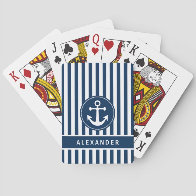 Nautical Anchor with Rope Navy Blue Stripes Poker Cards (Back)