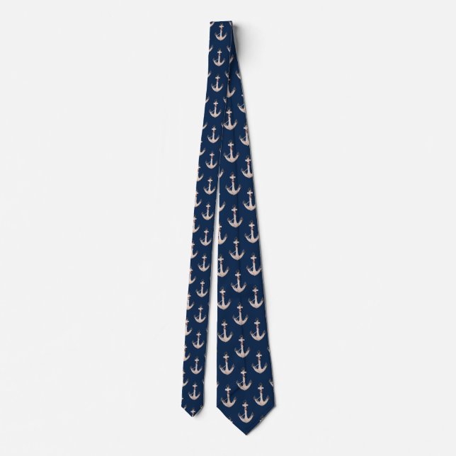 Nautical Anchor with Rope on Navy Blue Neck Tie (Back)