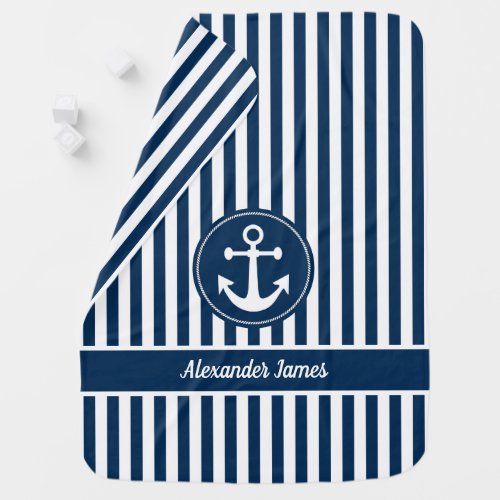 Nautical Anchor with Rope on Navy Blue Stripes Baby Blanket