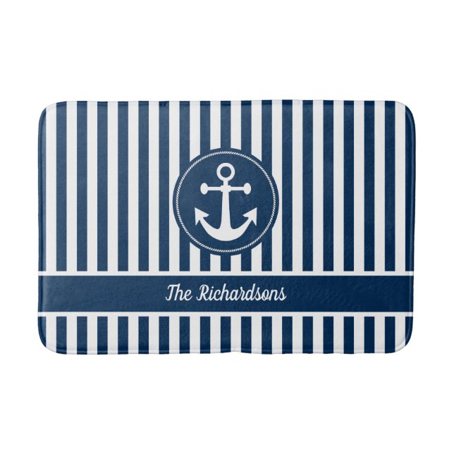 Nautical Anchor with Rope on Navy Blue Stripes Bath Mat (Front)