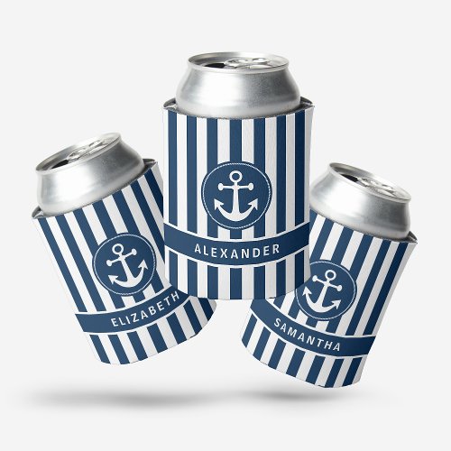 Nautical Anchor with Rope on Navy Blue Stripes Can Cooler