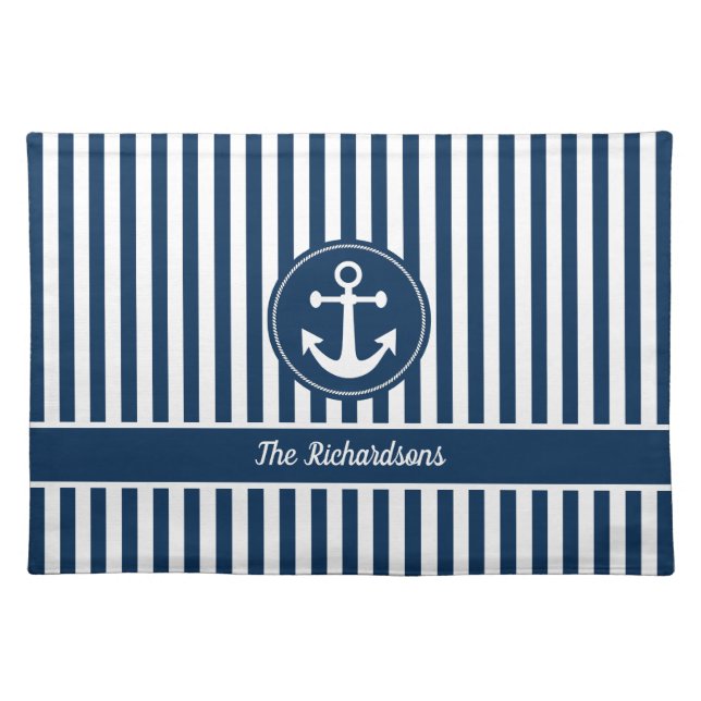 Nautical Anchor with Rope on Navy Blue Stripes Cloth Placemat (Front)