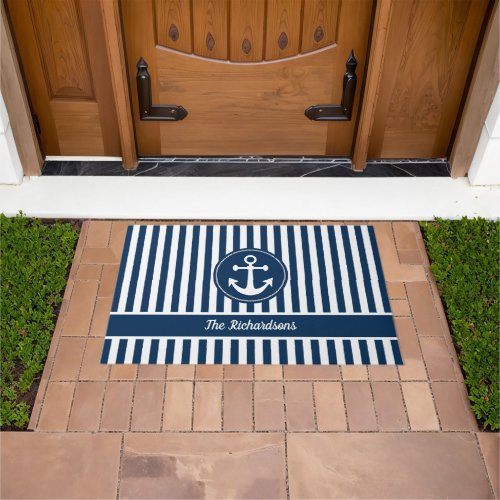 Nautical Anchor with Rope on Navy Blue Stripes Doormat