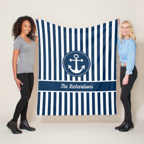 Nautical Anchor with Rope on Navy Blue Stripes Fleece Blanket