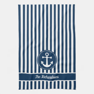 Nautical Anchor with Rope on Navy Blue Stripes Kitchen Towel