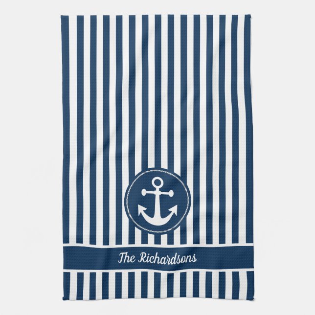 Nautical Anchor with Rope on Navy Blue Stripes Kitchen Towel (Vertical)