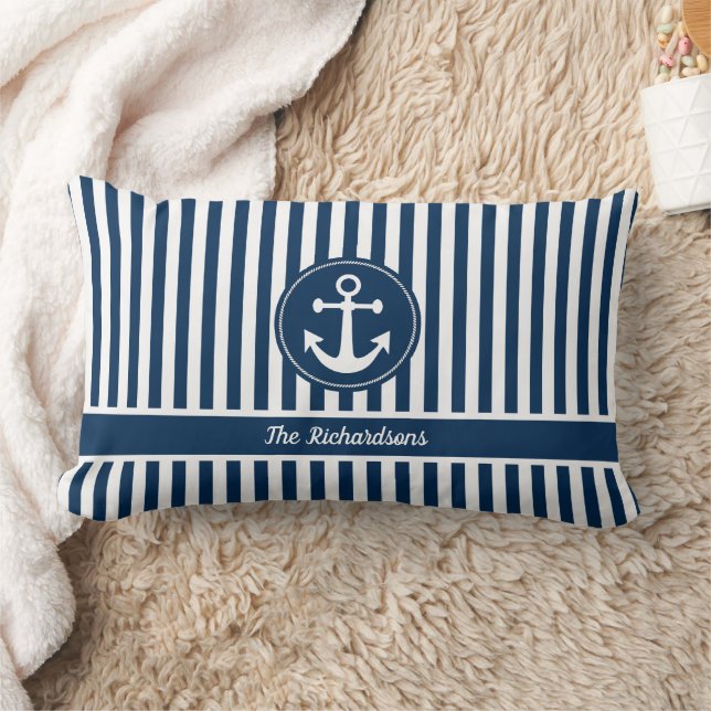 Nautical Anchor with Rope on Navy Blue Stripes Lumbar Pillow (Blanket)